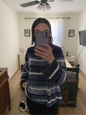 Blue Striped Cowl Neck Sweater
